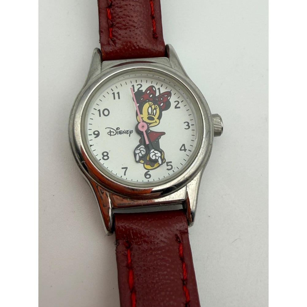 Disney Minnie Mouse Watch Red Leather Strap Silver Bezel MIN089 PC11 MZB